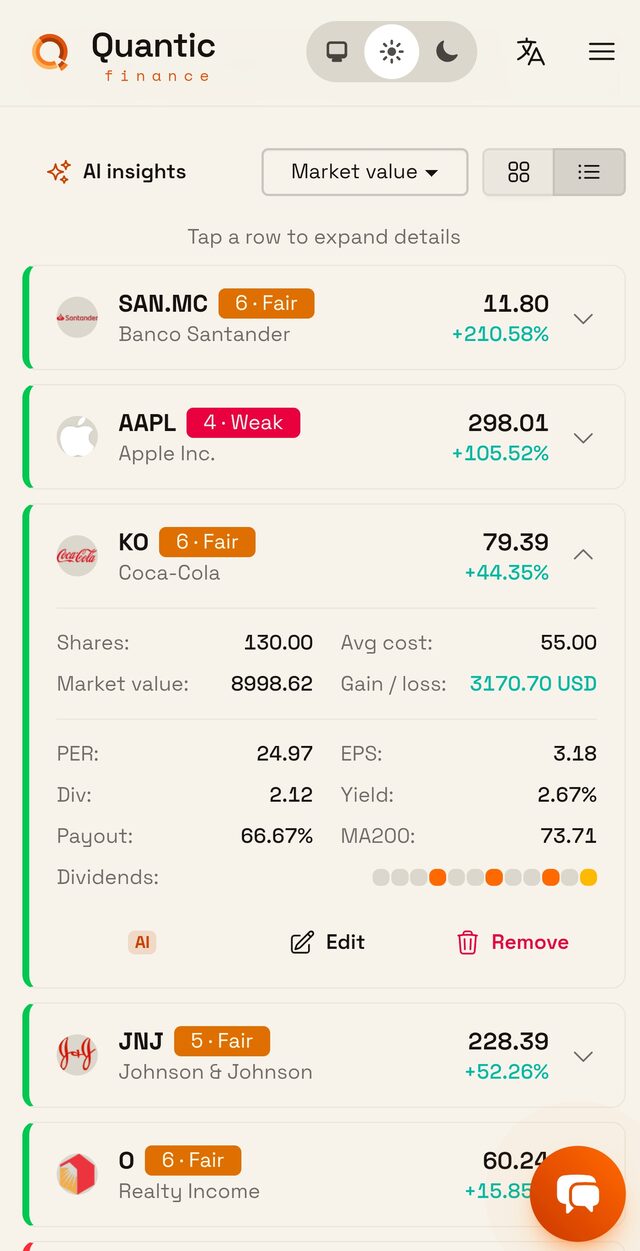 Quantic holdings list with AI insights, safety scores and live gain/loss for each dividend stock